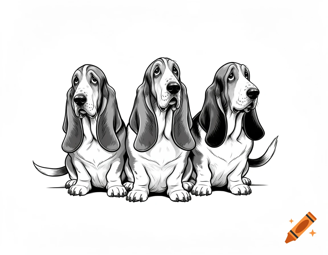 Three black and white basset hound dogs sitting together in a clipart style illustration.