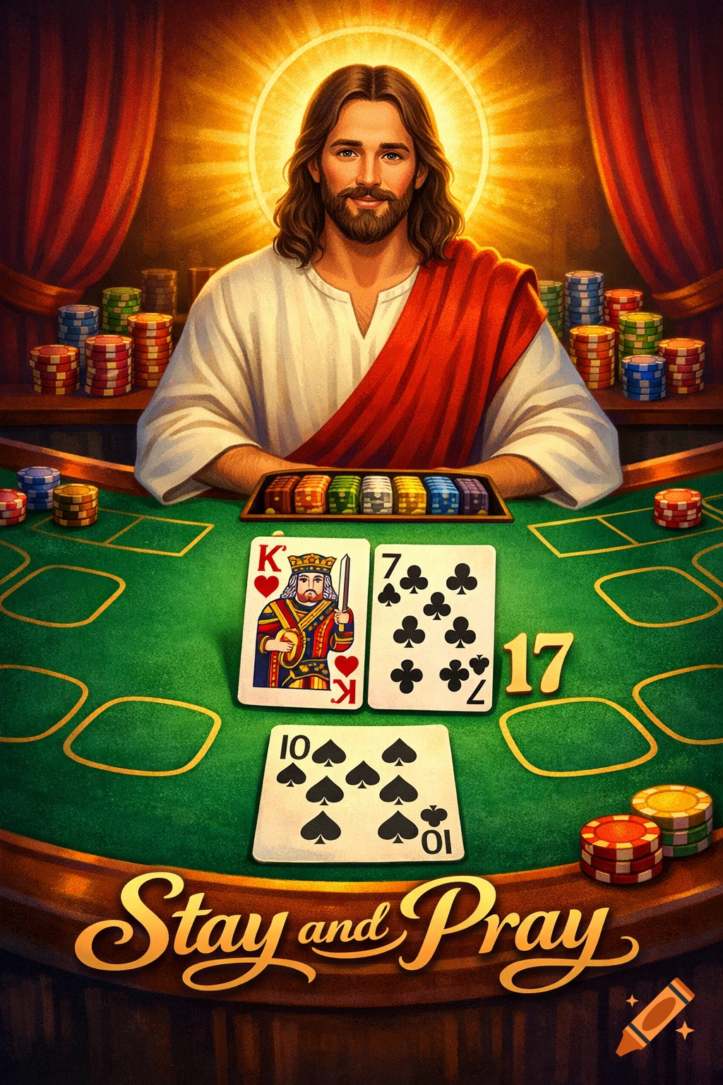 Cartoon-style image of Jesus as a blackjack dealer at a table with cards and chips. Text 'Stay and Pray' is at the bottom.