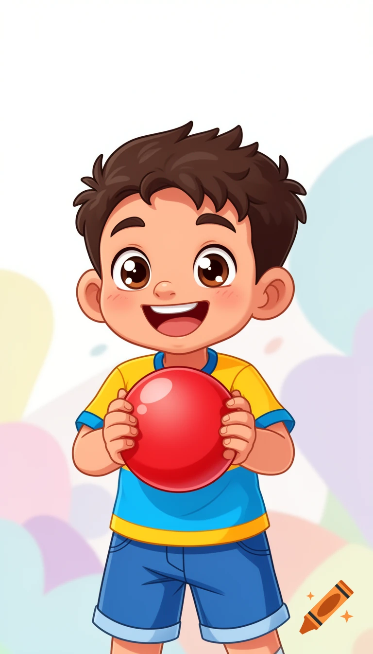 Cartoon boy with big eyes and a wide smile, holding a bright red bouncy ball, in a playful, colorful animation style.
