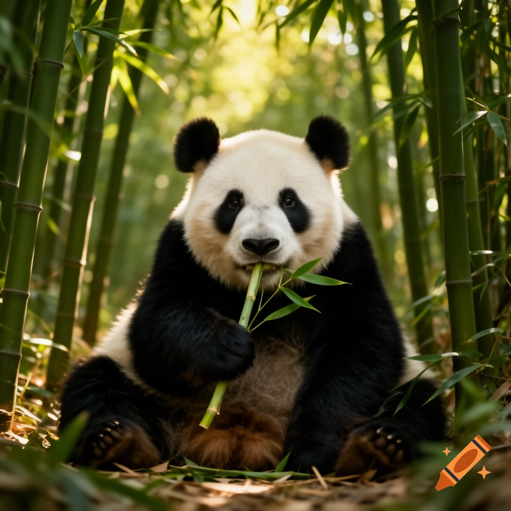 A photorealistic giant panda sits in a bamboo forest, eating a bamboo stalk. Sunlight filters through the dense bamboo.