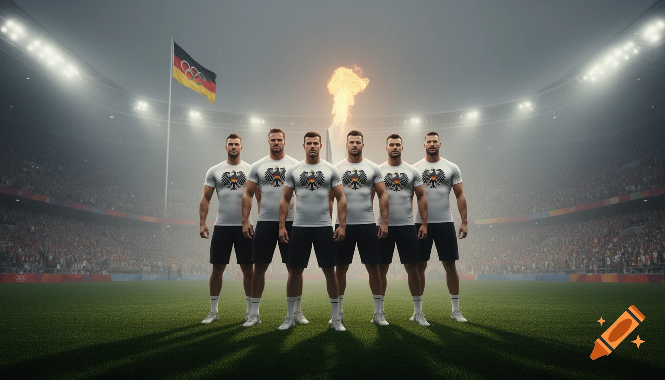 Six muscular German athletes in white eagle-emblazoned shirts stand in an Olympic stadium with the Olympic flag and torch.