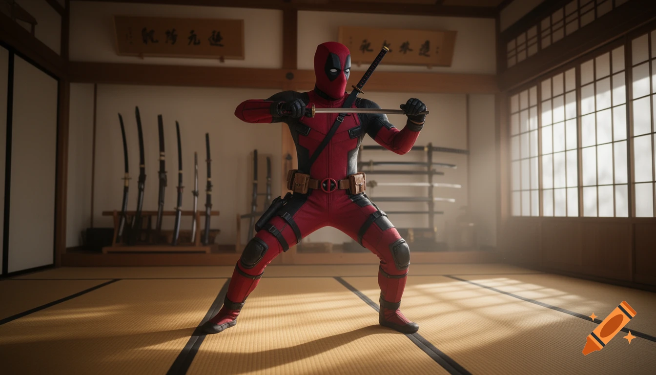 Deadpool in his red and black suit poses with a katana in a traditional Japanese dojo.
