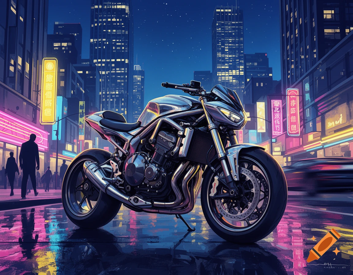 A chrome motorcycle is parked on a wet city street at night, illuminated by vibrant neon signs and city lights in an illustrated style.