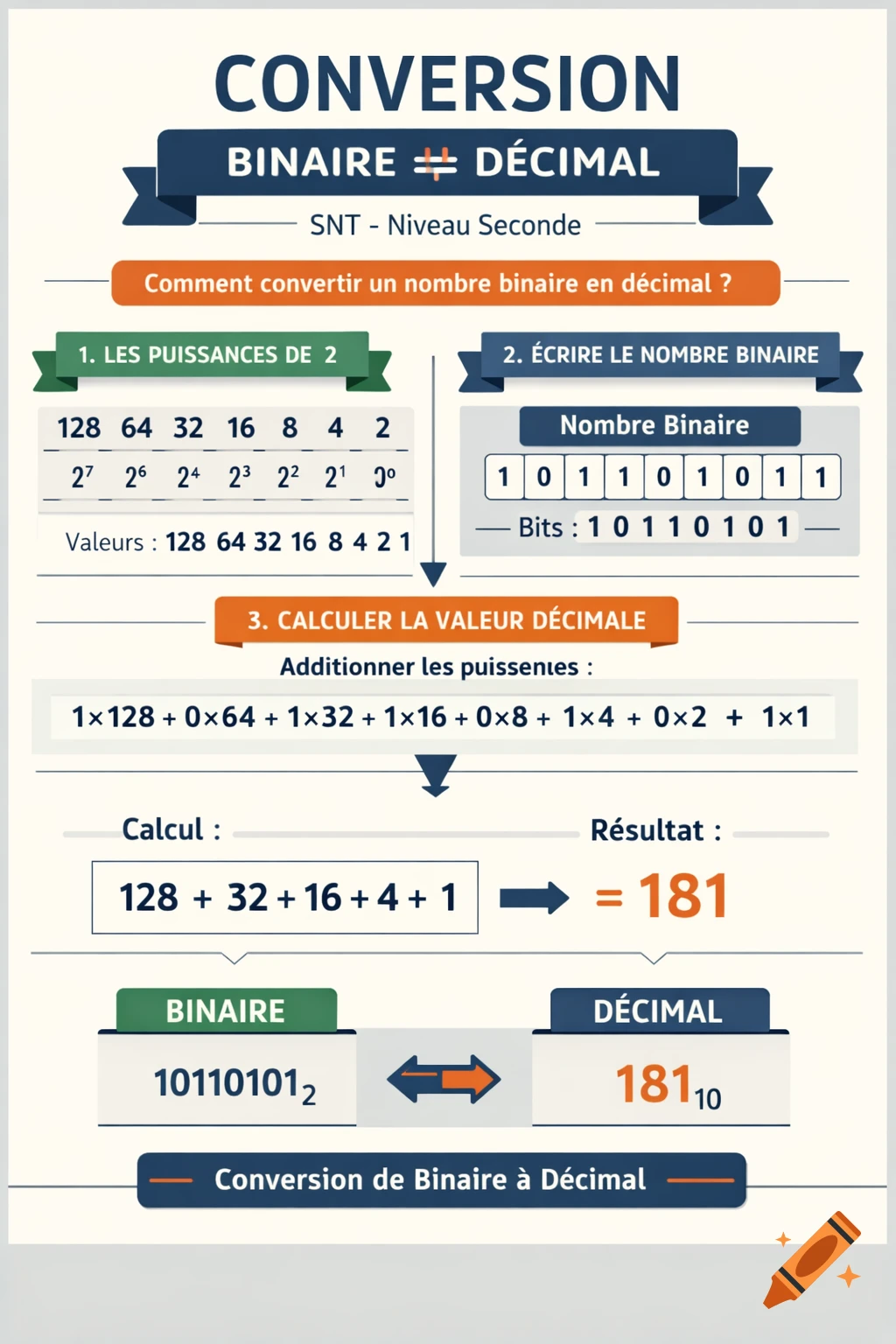 A professional educational infographic in French explaining the conversion from binary to decimal, showing powers of two, binary number input, calculation steps, and the final result of 181.