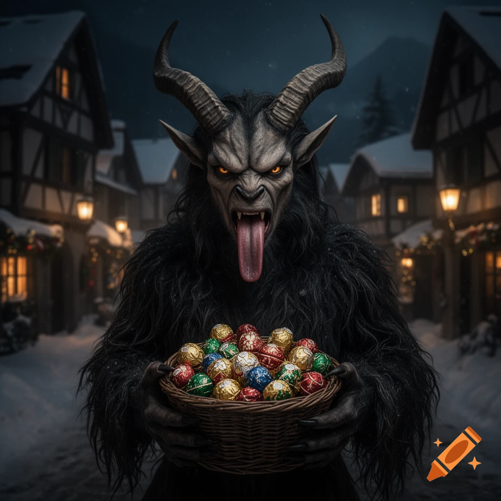 A photorealistic depiction of Krampus, a horned, furry demon with a long tongue, holding a basket of colorful chocolates in a snowy village.