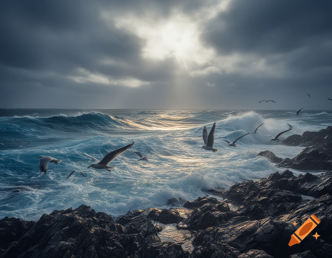 Photorealistic stormy seascape with large waves crashing on dark rocks, under a dramatic, cloudy sky with sun rays breaking through, and several seagulls flying over the turbulent water.