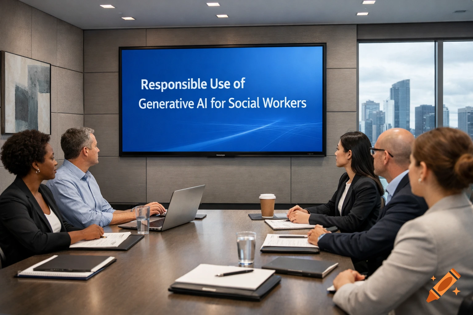 Diverse professionals attend a business meeting in a modern conference room, looking at a screen displaying 'Responsible Use of Generative AI for Social Workers'.