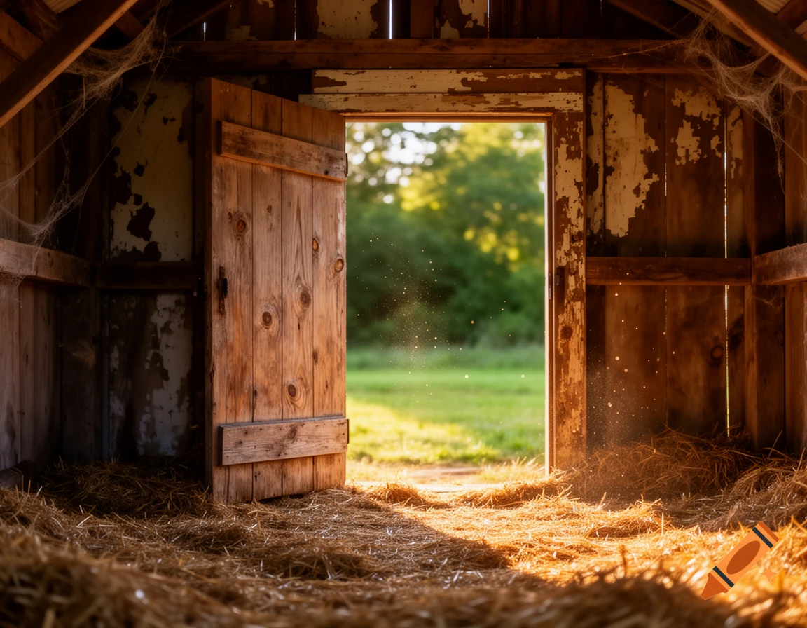 Photorealistic interior of an old wooden barn with hay on the floor, an open door reveals a sunny green field outside.