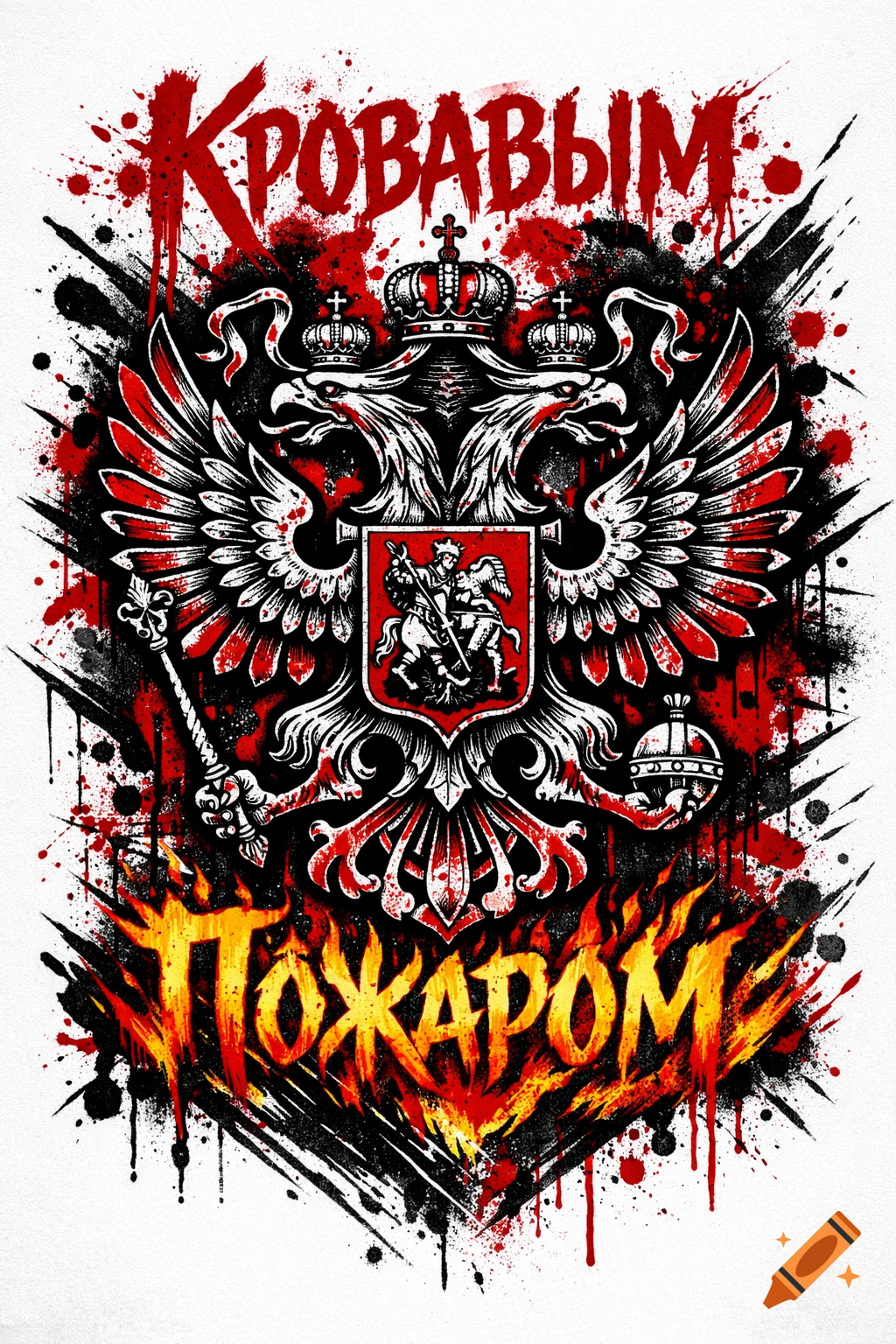 Trash polka style illustration of a Russian imperial eagle with St. George on a shield, surrounded by blood splatters, fire, and Russian text.