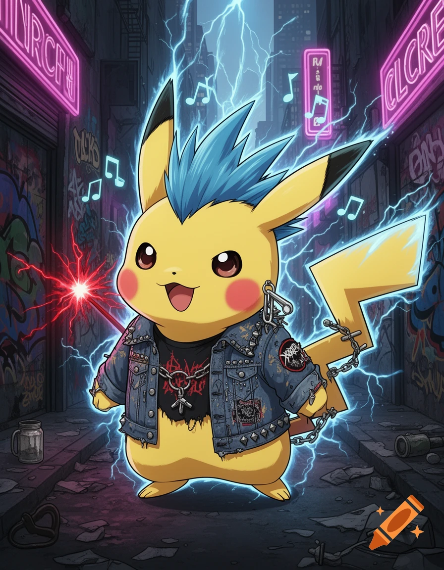 A punk-rock Pikachu with a blue mohawk, studded denim jacket, and chains, crackles with electricity in a neon-lit, graffiti-covered alley.