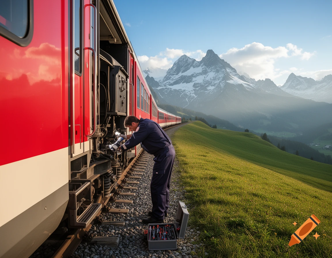 A man in blue overalls repairs a red train on tracks, with green hills and snow-capped mountains in the background.