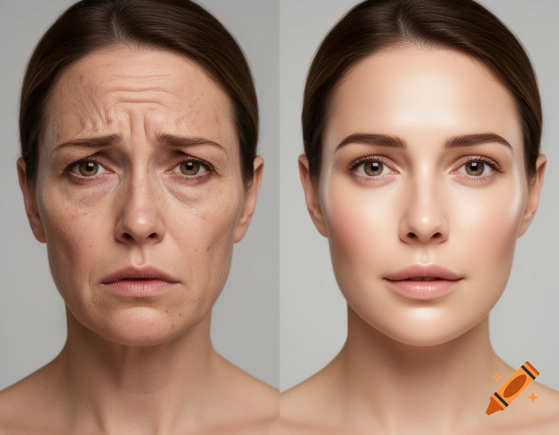 Split image of a woman's face: left side shows dull skin with wrinkles, right side shows smooth, radiant skin after skincare.