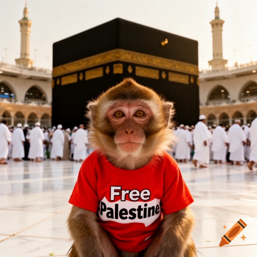 A photorealistic monkey wearing a red t-shirt that says "Free Palestine" sits in front of the Kaaba in Mecca, surrounded by people in white robes.