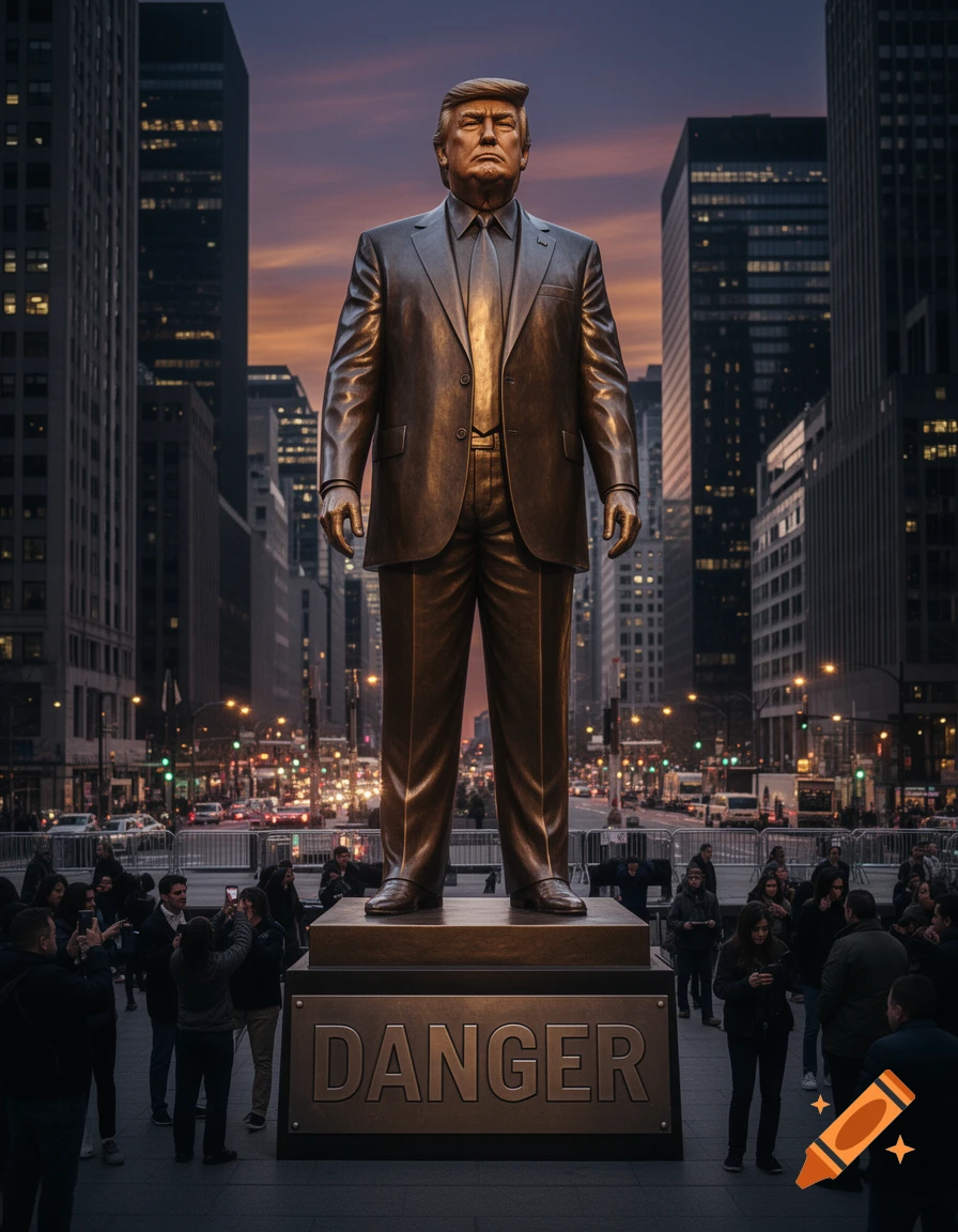 A large bronze statue of Donald Trump stands in a city square at dusk, with 'DANGER' written on its base, as people gather around.
