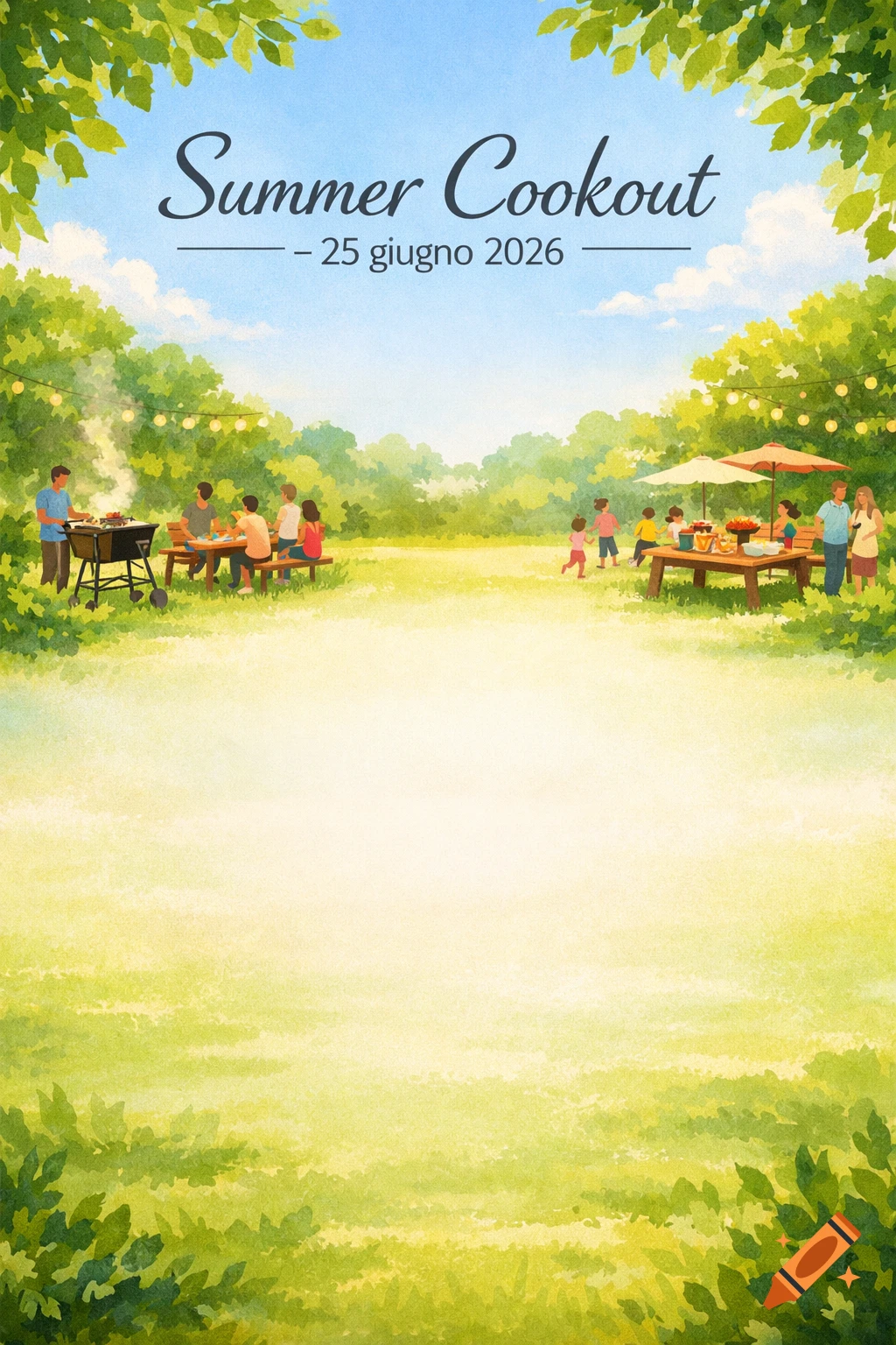 Watercolor illustration of a summer cookout event with families enjoying a park setting, grills, and picnic tables. Text reads 'Summer Cookout – 25 giugno 2026'.