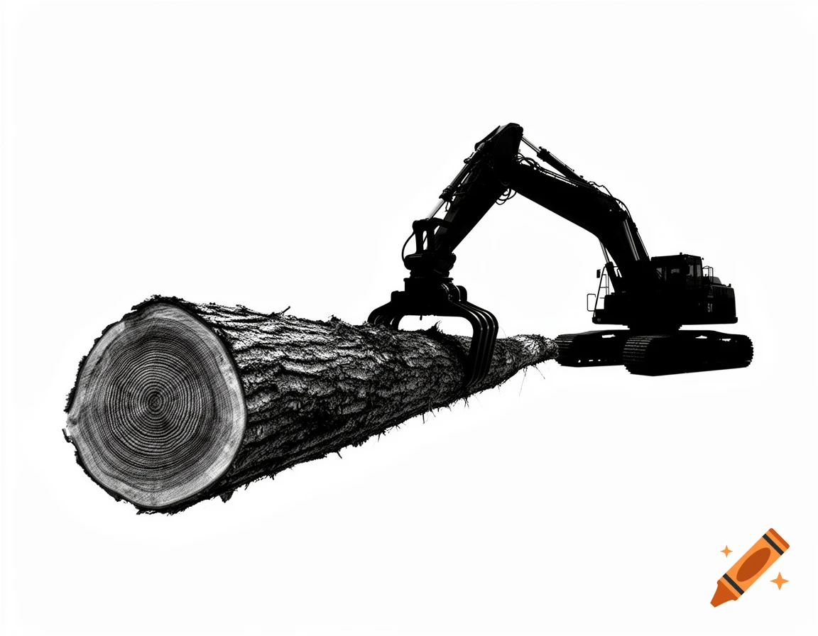 A black silhouette of an excavator with a log grapple holding a large log, shown against a white background. The log's cut end, revealing tree rings, faces forward.