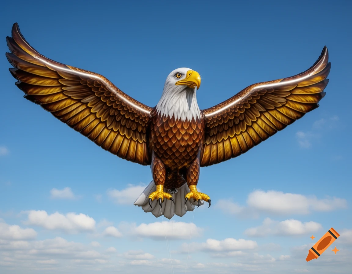 A large inflatable bald eagle balloon with brown and white feathers soars with outstretched wings against a blue sky with scattered clouds.