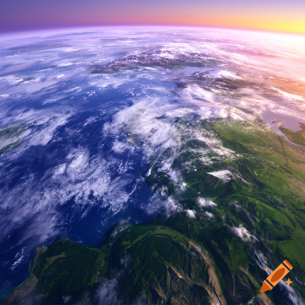 Aerial view of Earth showing green landmasses, blue oceans with swirling clouds, and a purple to orange horizon.