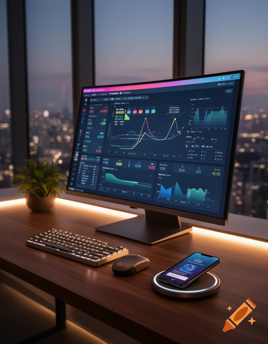 A modern desk with a computer monitor displaying charts, a keyboard, mouse, and a phone on a wireless charger, overlooking a city skyline at dusk.