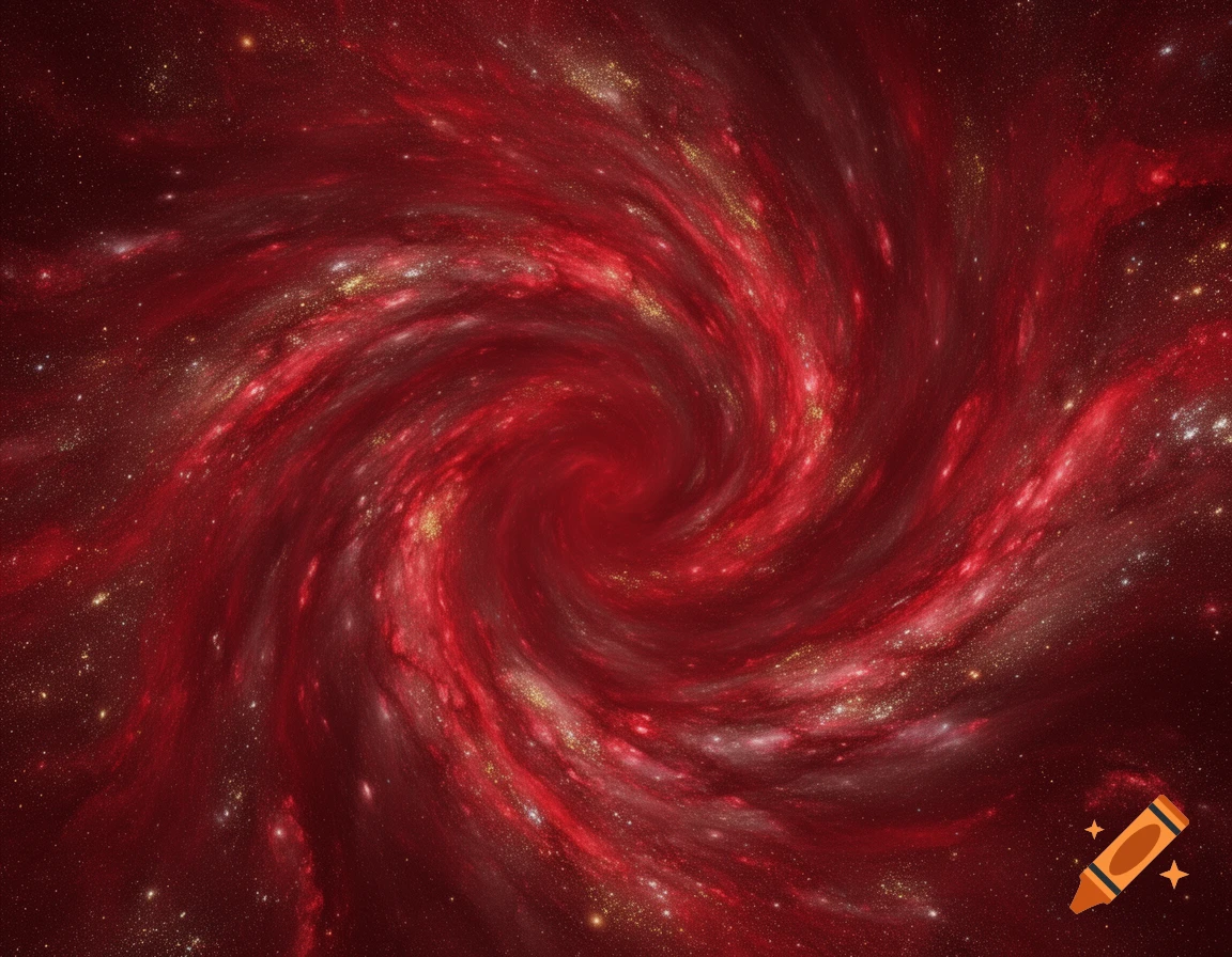 A vibrant red and gold swirling galaxy-like nebula with scattered shimmering stars.