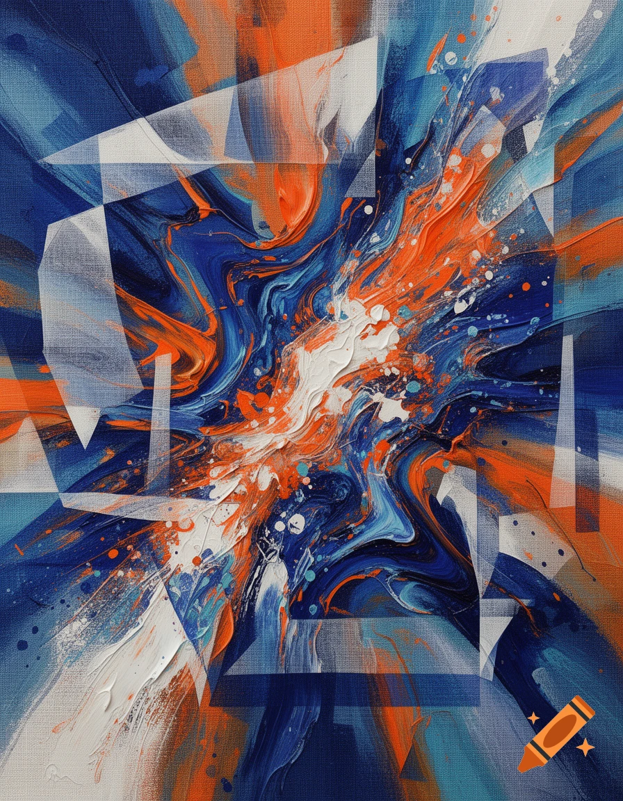 Dynamic abstract painting featuring swirling blue, orange, and white paint textures with geometric translucent white shapes.