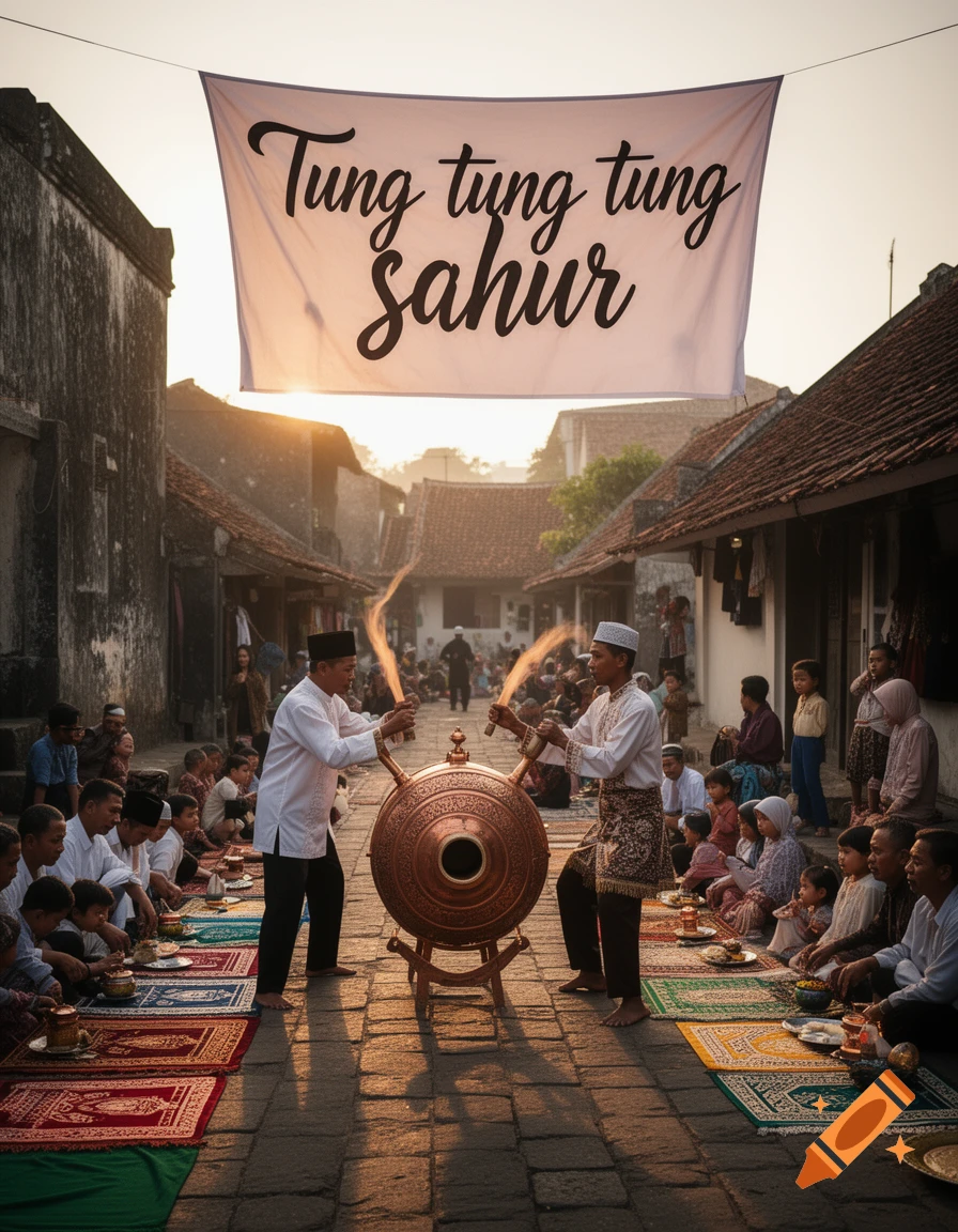 Two men play traditional instruments emitting stylized light in a crowded street scene with people sitting on mats, beneath a banner reading "Tung tung tung Sahur".