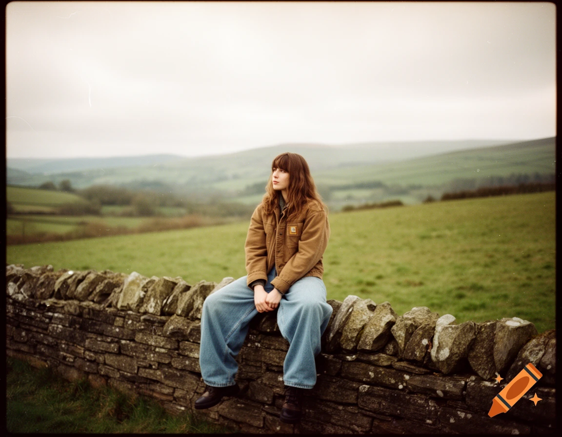 A brunette woman in a brown jacket and baggy jeans sits on a stone wall in the British countryside under a cloudy sky, with film grain and scratches.