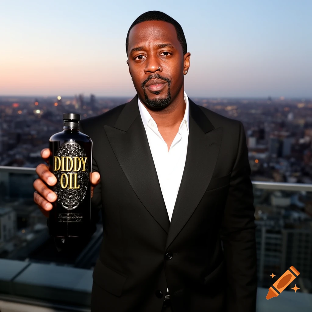 Diddy in a black suit holds a 'Diddy Oil' bottle, standing on a rooftop with a city skyline at dusk.