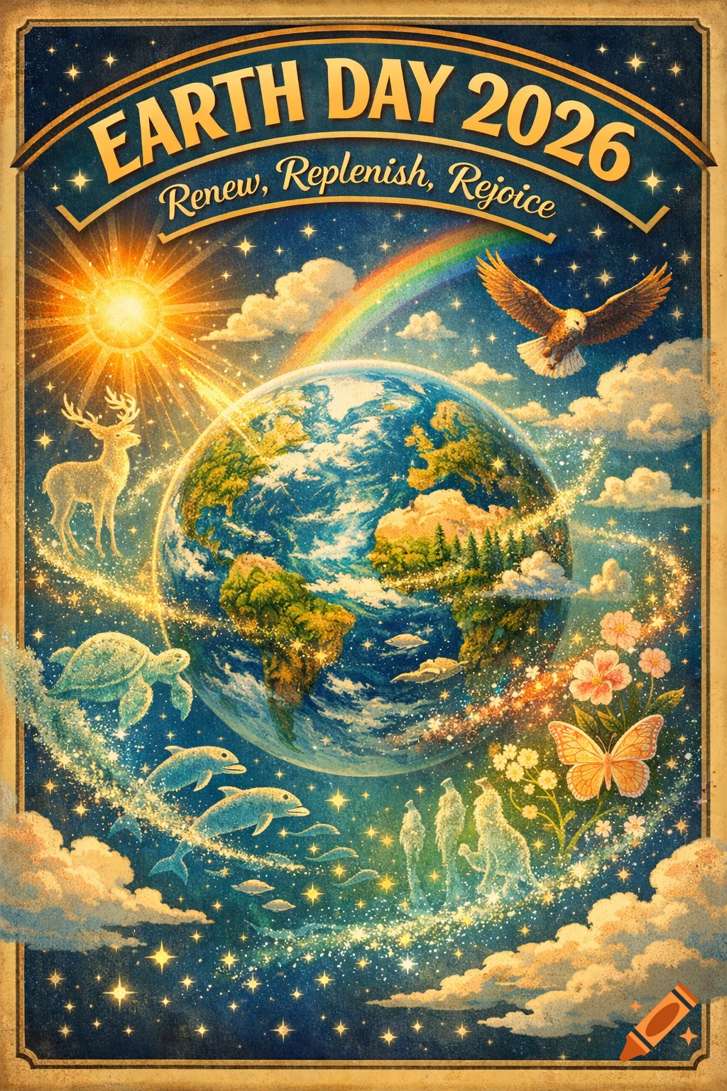 A vintage-style Earth Day 2026 poster features a vibrant Earth surrounded by a deer, eagle, turtle, dolphins, butterfly, sun, rainbow, and stars, with text 'Renew, Replenish, Rejoice'.