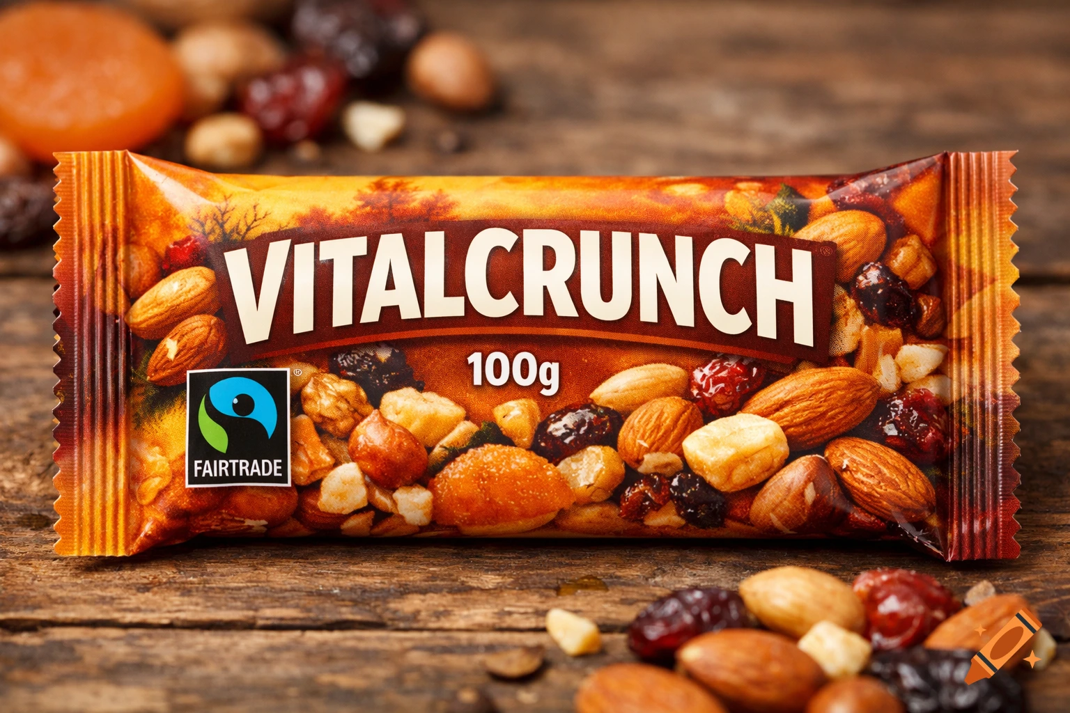 An orange-brown Vitalcrunch snack bar with nuts and dried fruits, labeled 100g and Fairtrade, rests on a rustic wooden surface.