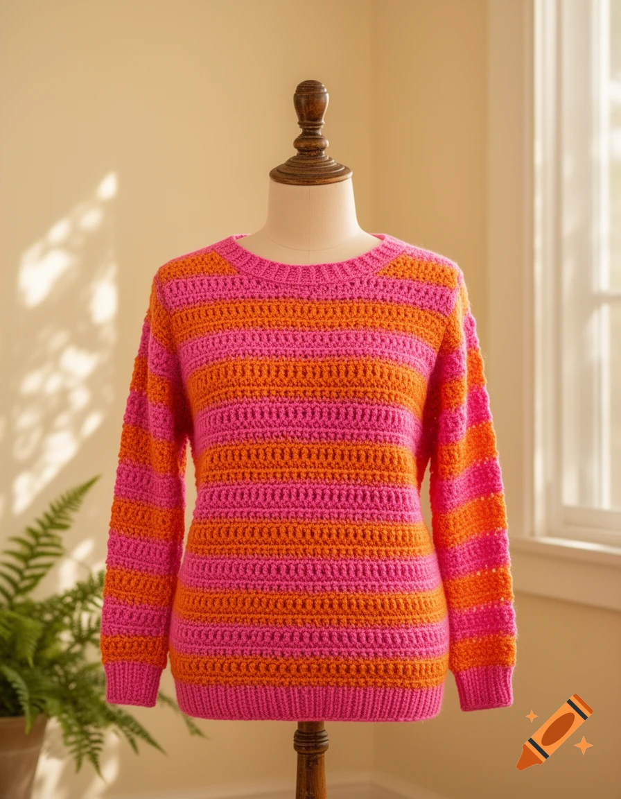 A hyperrealistic image of a pink and orange striped crochet sweater on a mannequin in a sunlit room.