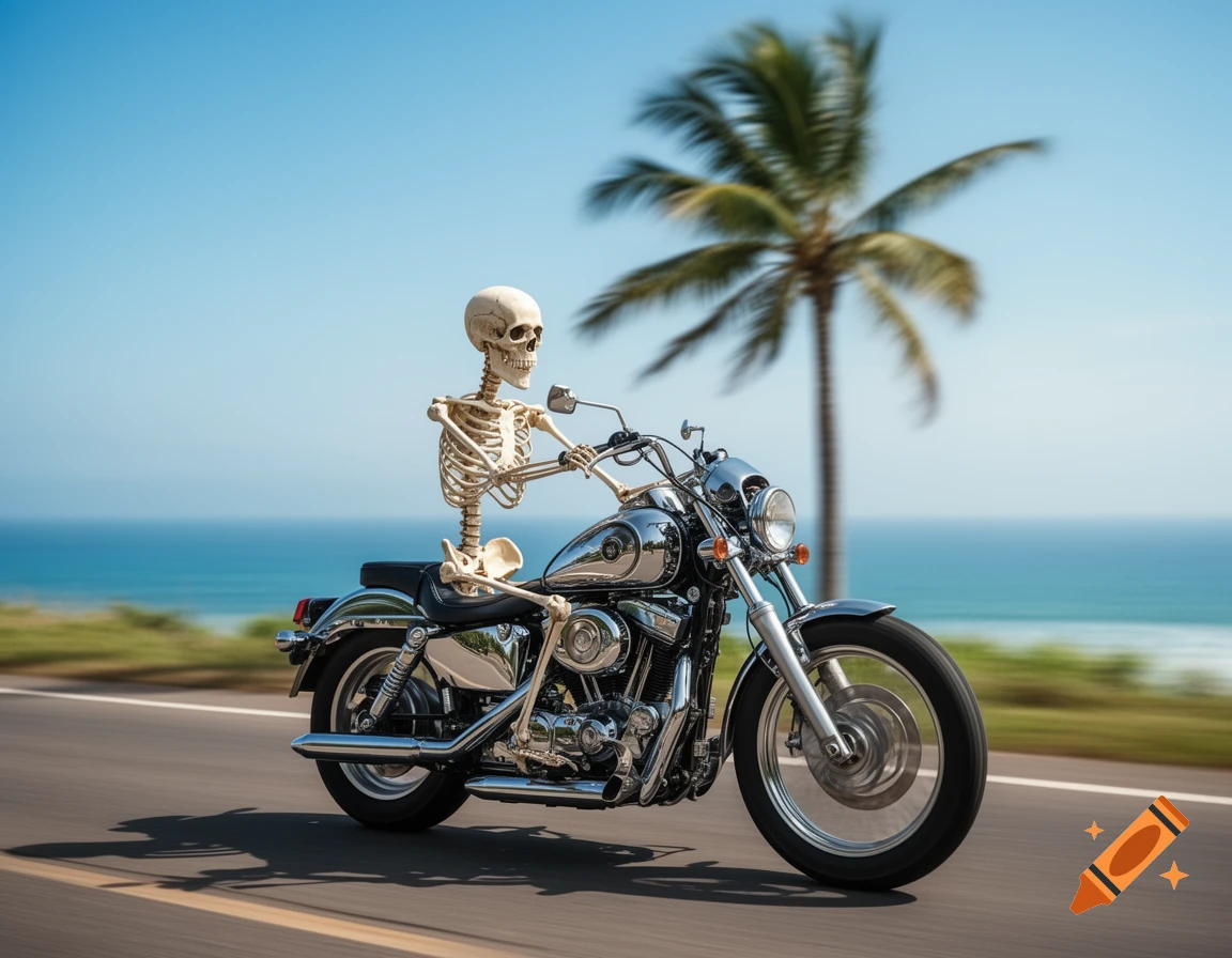 A photorealistic skeleton rides a shiny chrome motorcycle along a coastal road with a palm tree and ocean in the background.