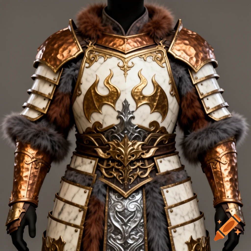 A highly detailed, ornate suit of ceremonial fantasy armor, featuring white marble, hammered gold, and fur accents on a mannequin.