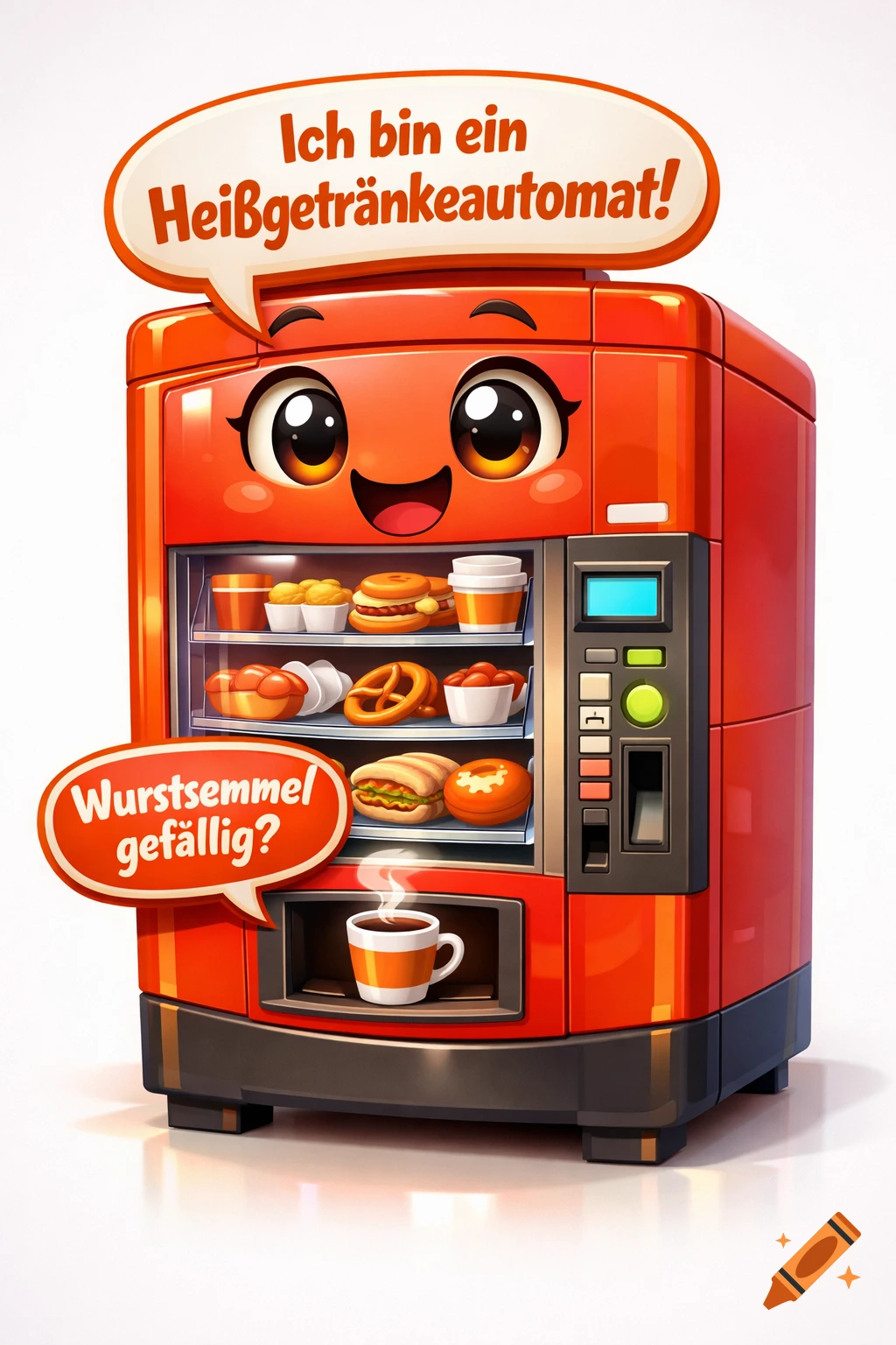 A friendly, red, cartoon vending machine with a happy face and speech bubbles, offering hot drinks and various snacks.