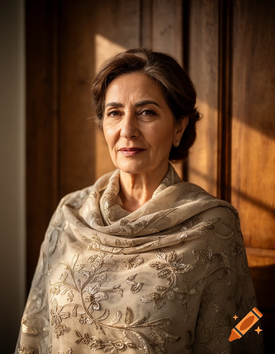 A mature woman in a detailed gold and beige embroidered shawl stands in warm sunlight against a wooden background.