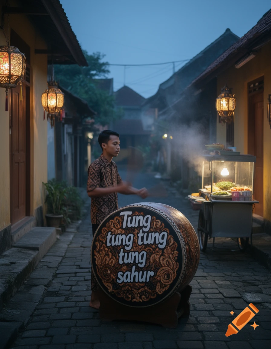 A man plays a large decorated drum in a narrow street at dusk, with a steaming food cart nearby.