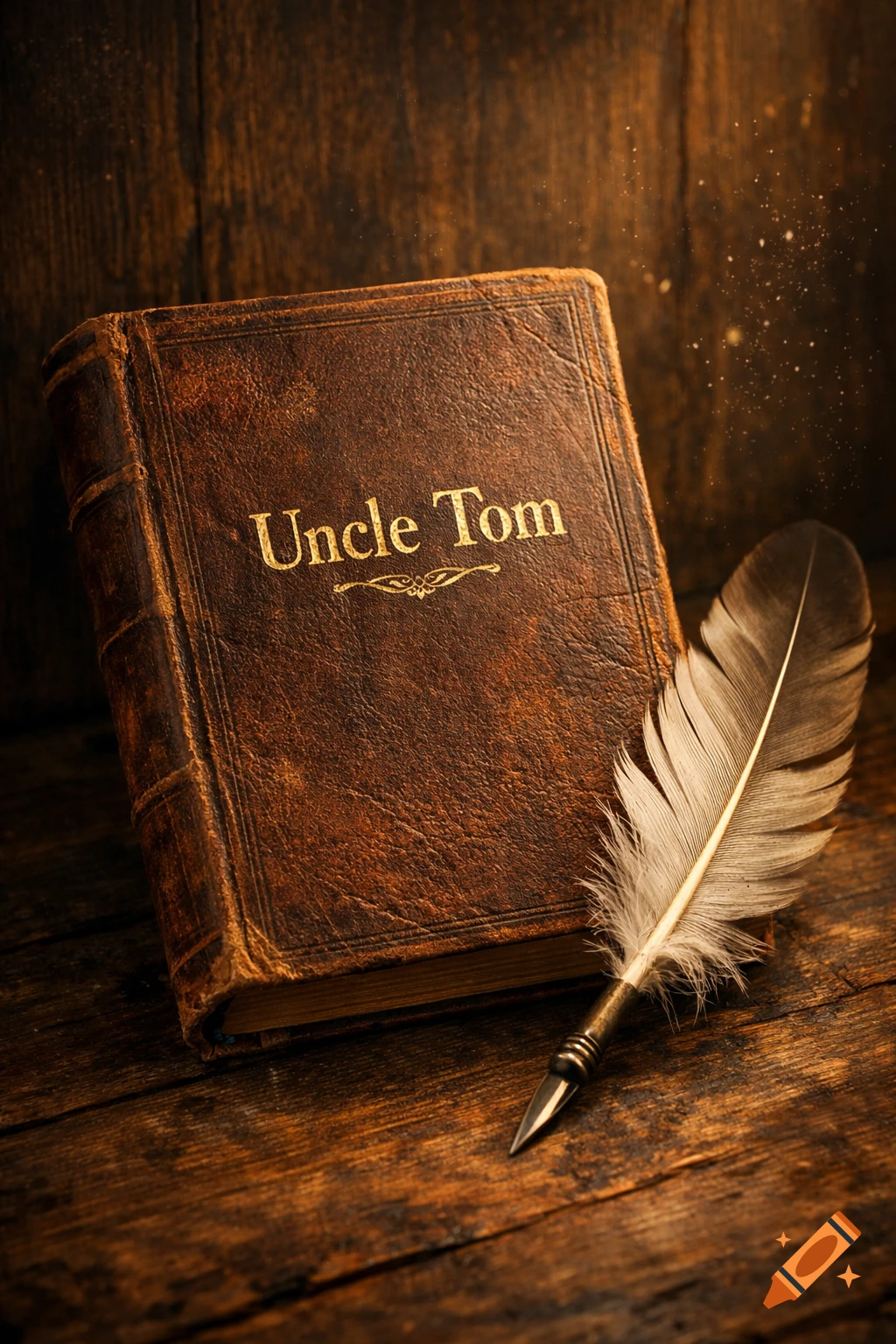 A rustic, leather-bound book titled "Uncle Tom" rests beside an antique feather quill on a dark wooden surface.