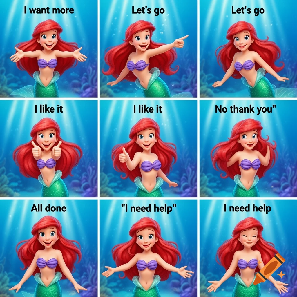 A grid of nine cartoon panels featuring Ariel the mermaid, each with different poses and captions like "I want more" and "Let's go."