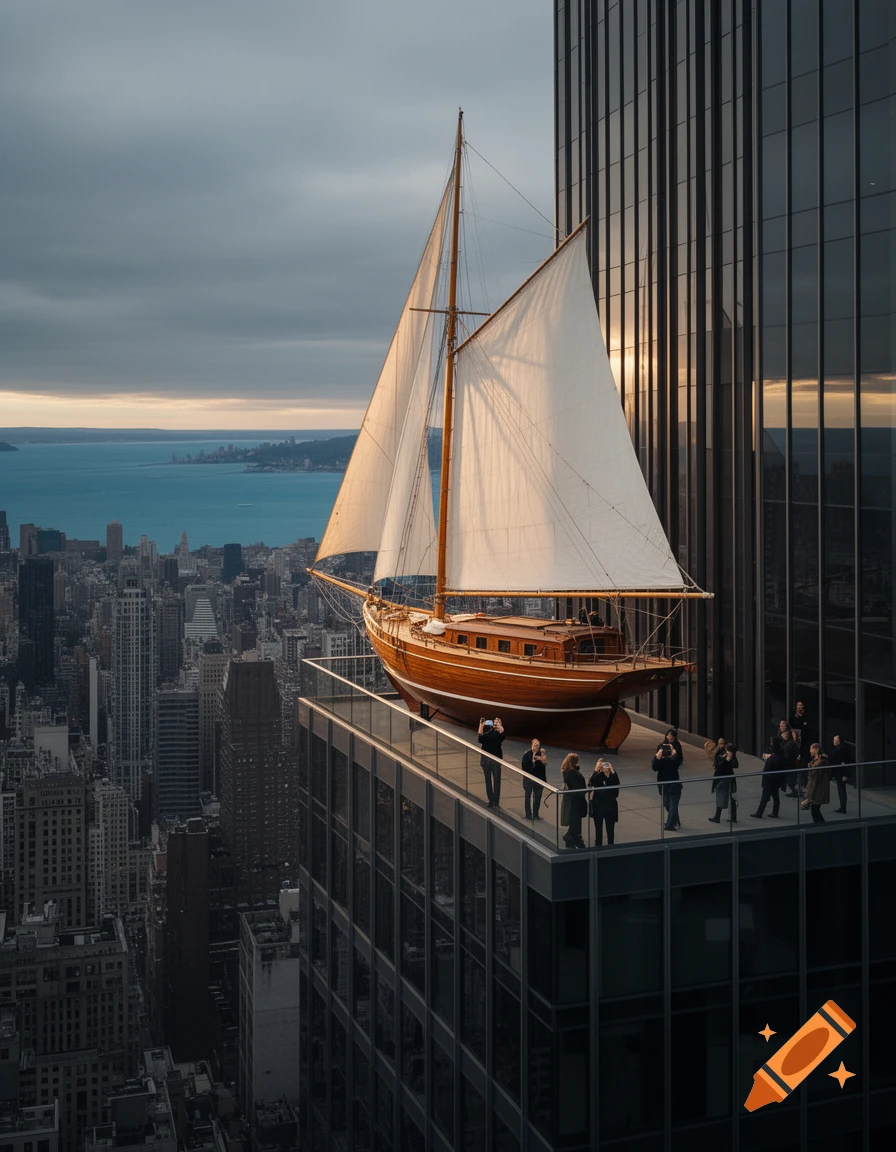 A photorealistic image of a wooden sailboat with white sails on a modern skyscraper rooftop, overlooking a city and water at sunset. People are observing.