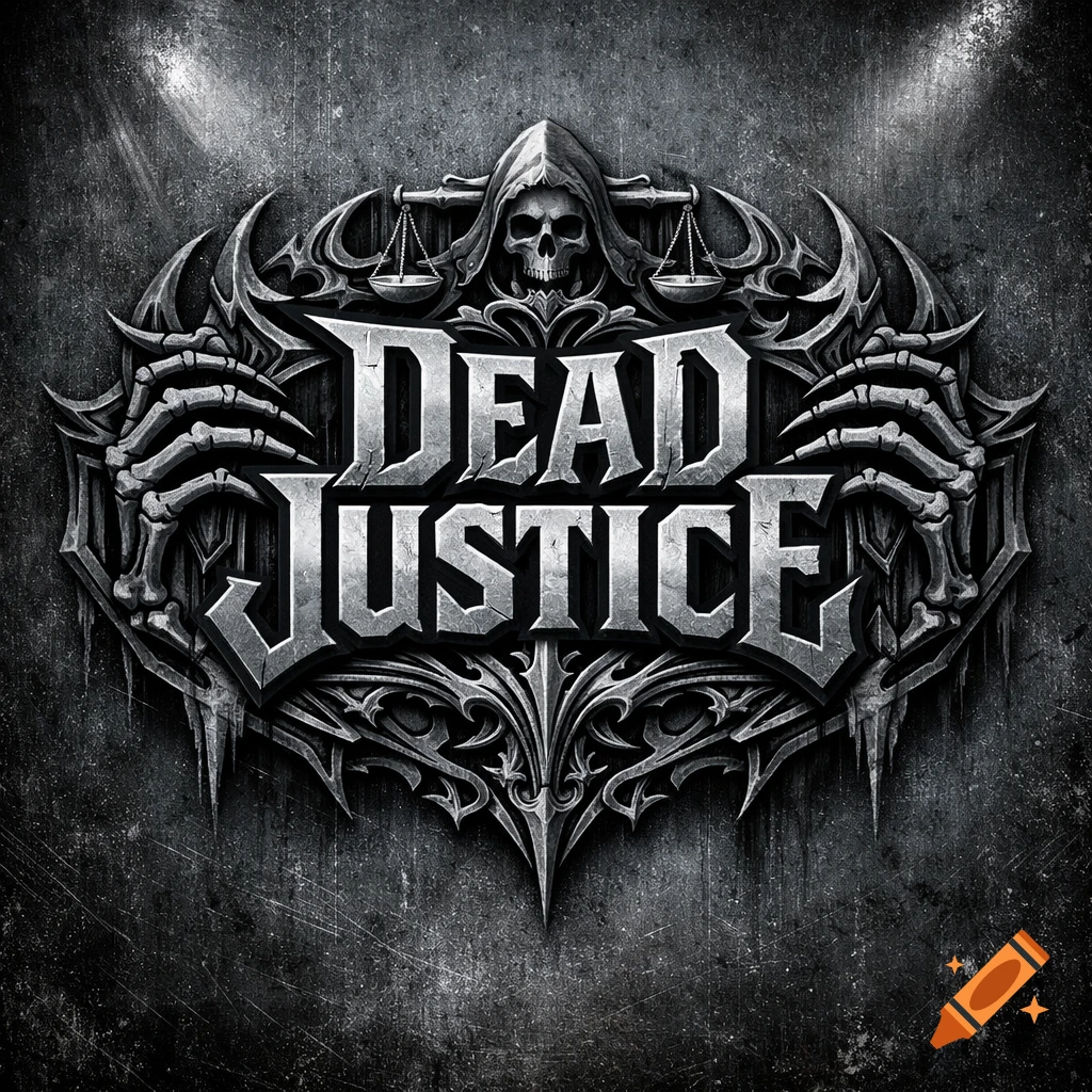 Gothic metallic logo for 'Dead Justice' featuring a hooded skull, skeletal hands, and scales of justice, against a distressed metal background.