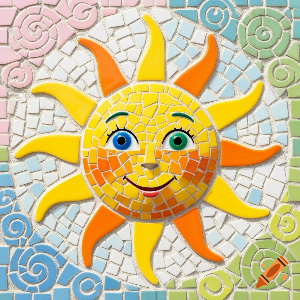 A colorful trencadís mosaic of a smiling sun with yellow and orange rays, blue and green eyes, set against a background of small white, pink, blue, and green mosaic tiles.