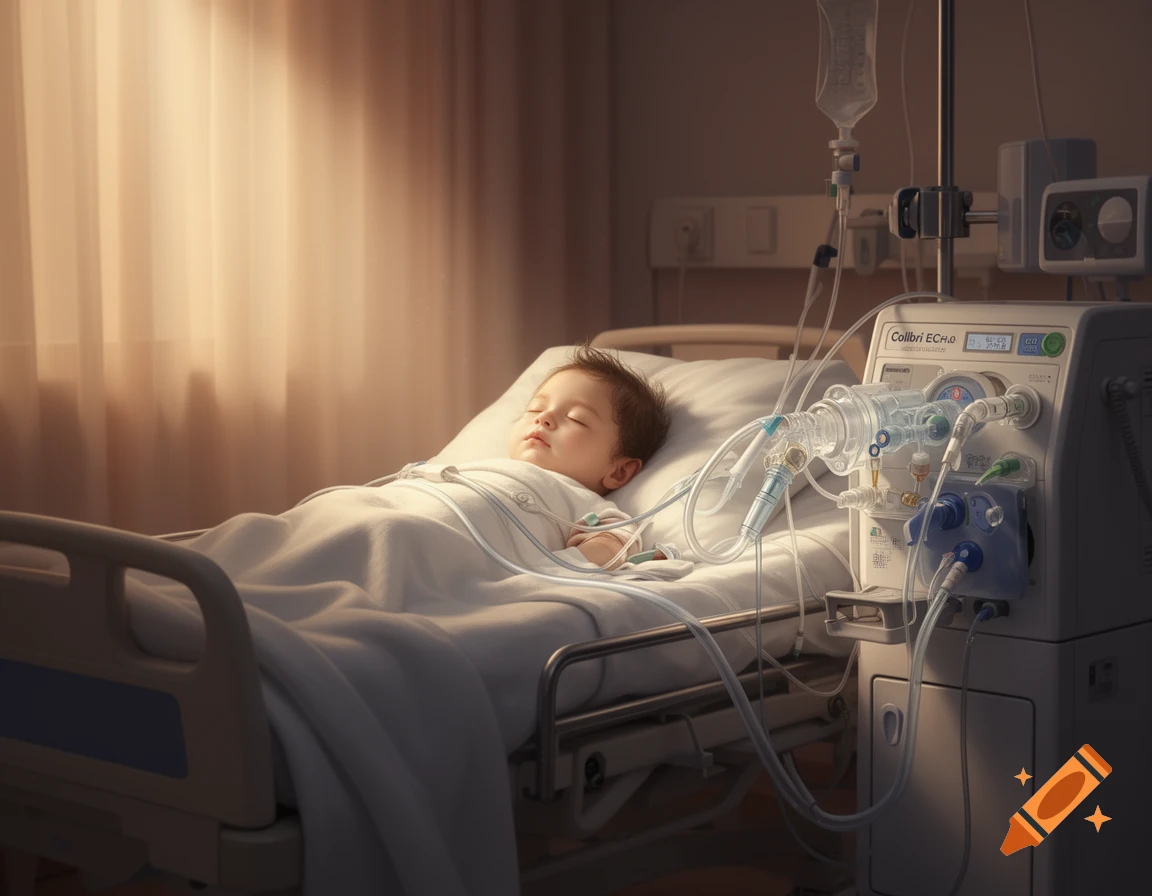 A baby sleeps in a hospital bed with a Colibri ECMO machine and IVs, sunlight filters through curtains.