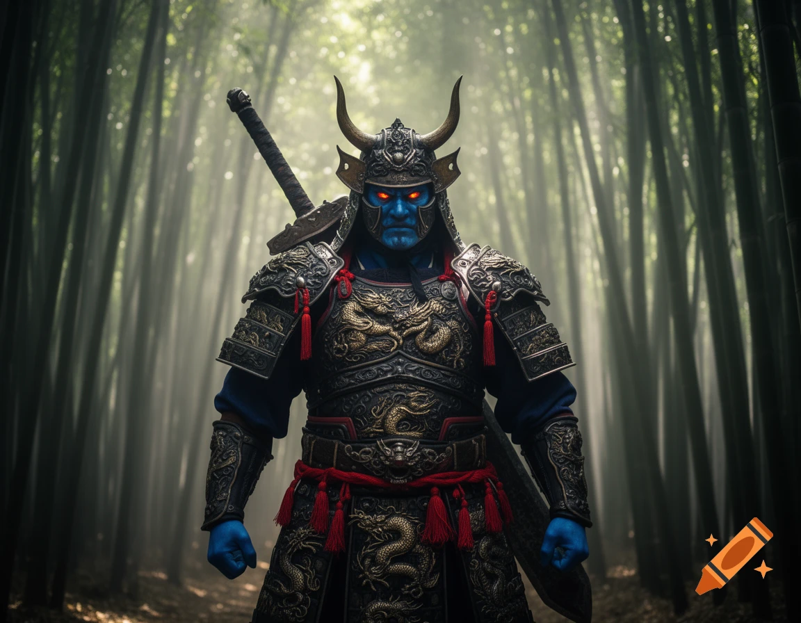 A blue-skinned Oni warrior in elaborate plate armor with horns and glowing red eyes stands in a misty bamboo forest.
