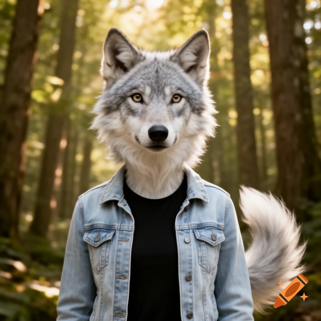 Photorealistic anthropomorphic wolf with a gray head and tail, wearing a denim jacket and black t-shirt, standing in a sunlit forest.