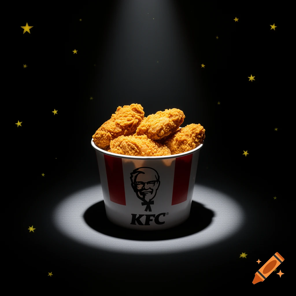 A bucket of KFC fried chicken under a spotlight in a dark room with small yellow stars.