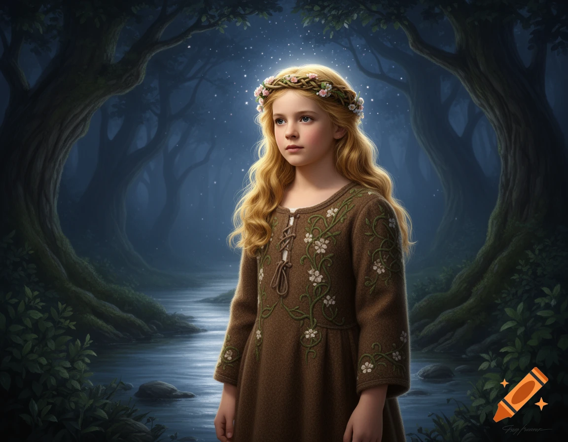 A young girl with long blonde hair and a flower crown stands in a dark, magical forest next to a glowing stream under a starry sky.