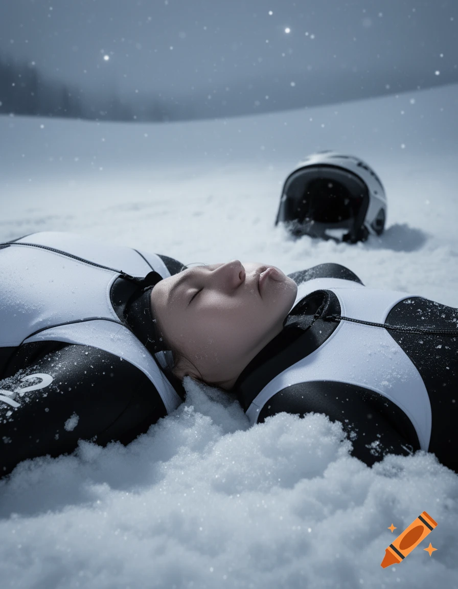 A person in a black and white ski suit lies in fresh snow, eyes closed, with a white helmet in the background, as snow falls. Photorealistic.