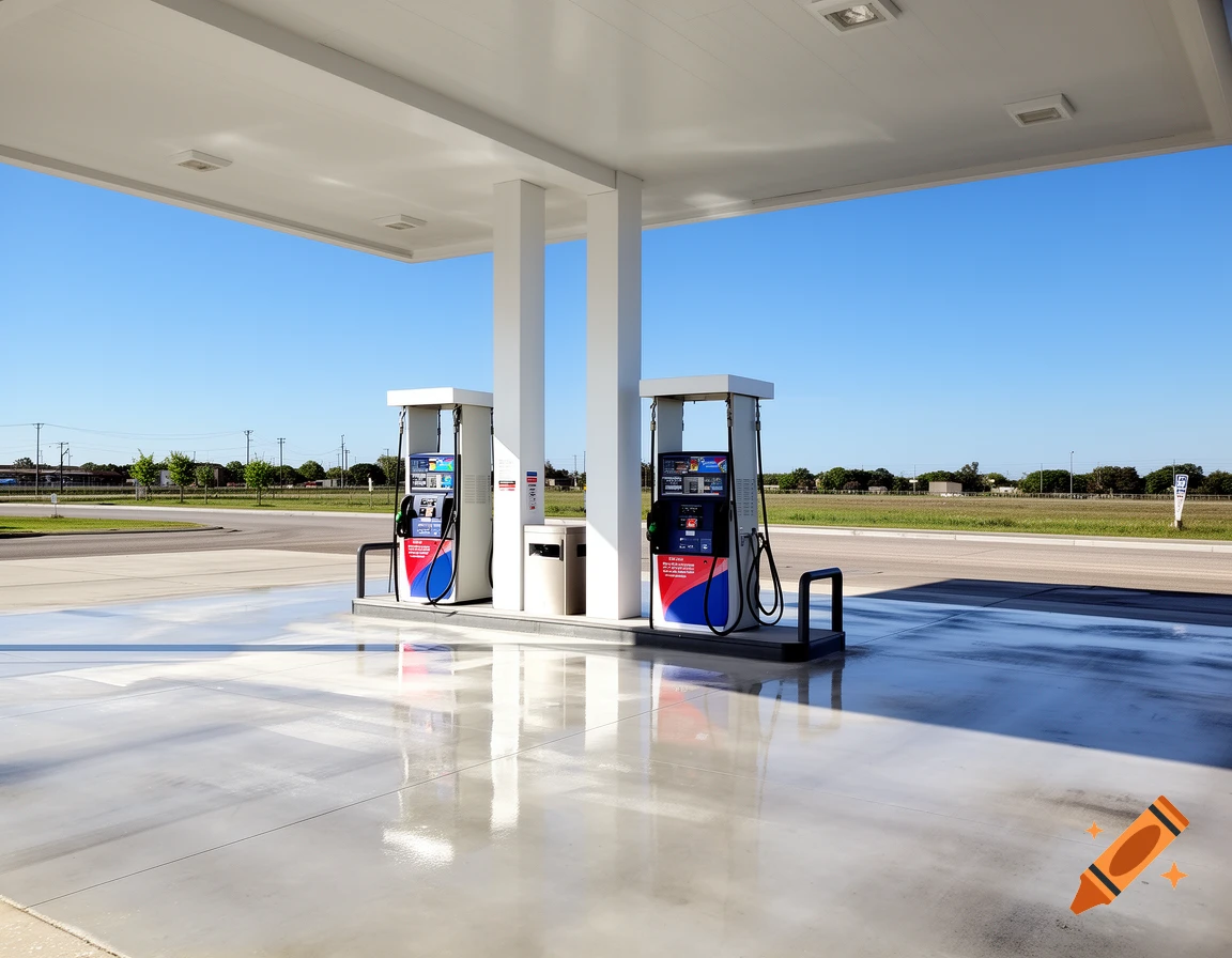 Two fuel pumps beneath a white canopy at a clean gas station with a wet concrete pad under a sunny blue sky.