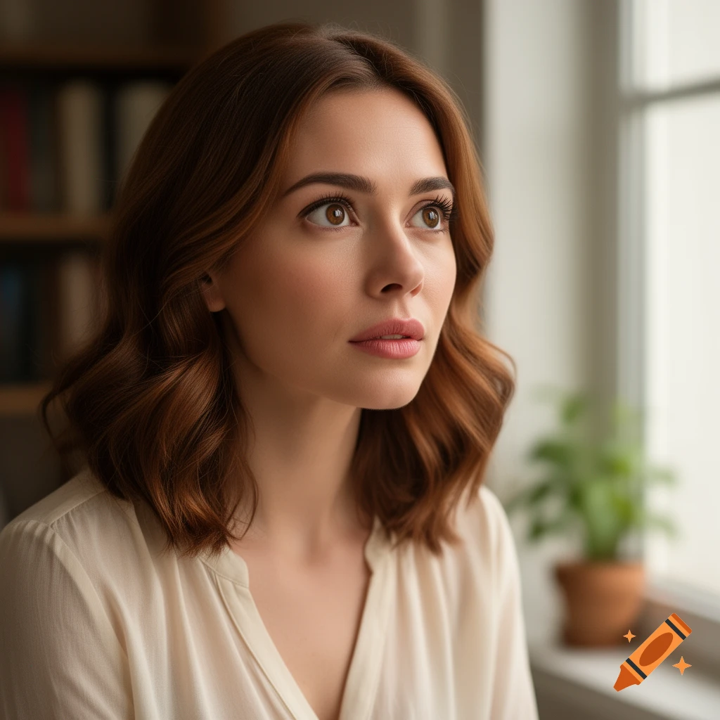 Photorealistic portrait of a young woman with brown wavy hair, looking curiously upwards by a window.