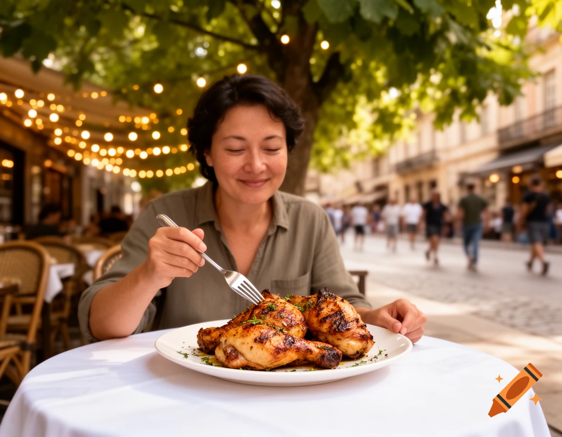 A woman smiling while eating grilled chicken at an outdoor cafe with string lights and people in the background.